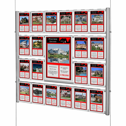 Suspended poster display - estate agent stand with mixed poster sizes